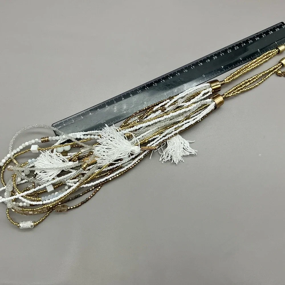 Chico's Necklace NWT White Gold Multi Strand Seed Bead Tassel Statement Jewelry